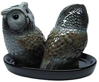 Uhu Eule Salz und Pfefferstreuer Set Keramik Handarbeit Geschenk Frühstückstisch Tiere Eule grau beige 3-er mit Untersetzer