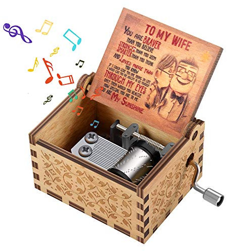 Gift for Wife from Husband, Birthday Gift for Wife Female Wooden Engraved Vintage Hand Crank Music Boxes for Dear Wife Girlfriend Valentine Xmas Wedding Anniversary Present You Are My Sunshine