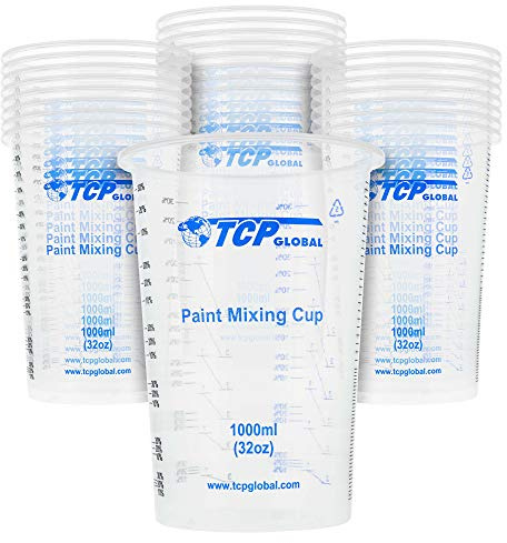 TCP Global 32 oz. (1000ml) Graduated Plastic Mixing Cups (Box of 25) - Disposable Plastic Measuring Cups for Liquids, Paints, Resin, Epoxy, Art, Kitchen - Ratios 2-1, 3-1, 4-1 ML