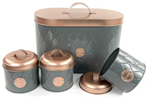 Denny International® Bread Bin + Canister Tea Coffee Sugar Classic Kitchen Sealed Lid Set