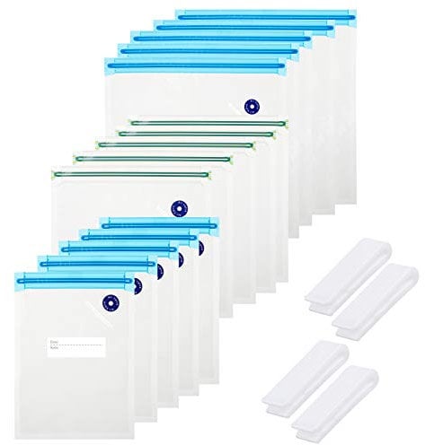 15PCS Reusable Vacuum Food Sealer Bags + 4PCS Sealing Clip Leakproof Degradable Freezer Bag BPA Free Ziplock Bags Lunch Sandwich Snacks Fruit Bag for Food Storage, Meal Prep and Sous Vide