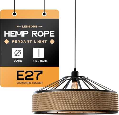 LEDSone Jute Rope Ceiling Natural Hemp Pendant Light Shade 30cm Boho Style | Lampshade Hand Woven Jute With 1m PVC Cable Living Room Bedroom Kitchen Easy E27 Fit Natural Home Decor
