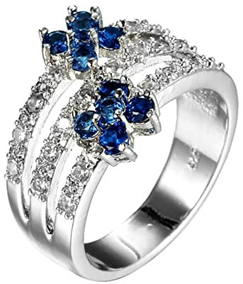 Aotiwe Ring Frauen Silber, Kl Geschenke für Frauen Dreistufiger Blütenring Versilbert mit Blau Runden Zirkonia Größe 52 (16.6)