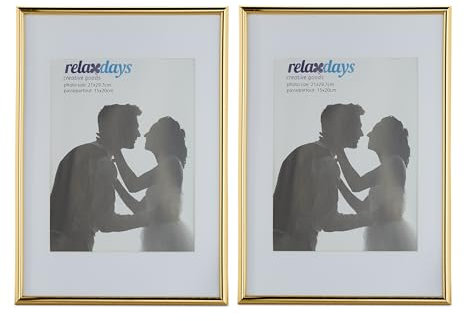 Relaxdays 4 x Bilderrahmen, Din A4, Passepartout 15x20 cm, Glasscheibe, Fotorahmen zum Stellen oder Hinhängen, Rahmen, Gold