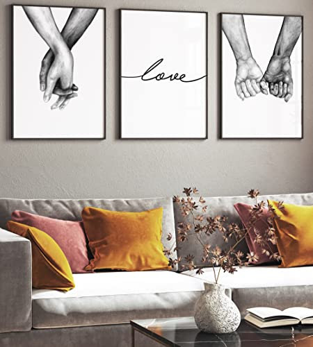 Papierschmiede® Spruch Poster Set 3er, DIN B2 (50x70 cm), Wohnzimmer Bilder, Wandposter Schlafzimmer Bilder Set, Designer Wand Deko, große Bilder über Bett ohne Rahmen „Pencil Love Hands“