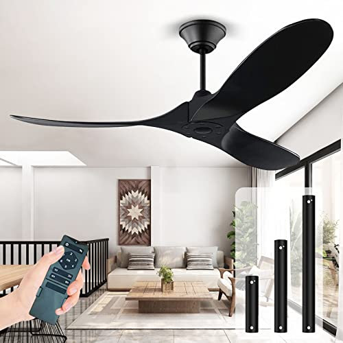 MSHENUED Deckenventilator Holz Ohne Beleuchtung, 3 Flügel Ventilator mit Fernbedienung(6 Geschwindigkeit),Energiespar DC-Motor Leise für Schlafzimmer Bauernhaus Veranda (152cm/60''Alles Schwarz)