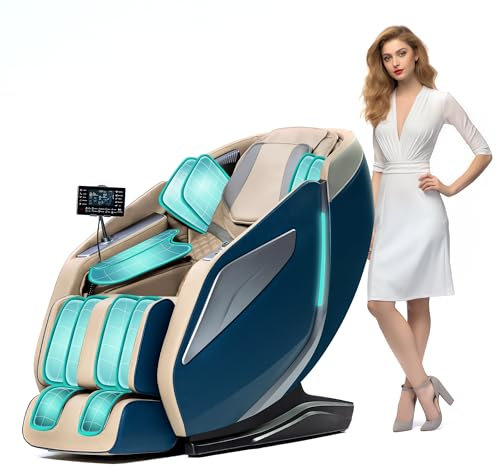 HealthRelife Ganzkörpermassagesessel mit Bodyscan 4D-Robotische Hände Intelligente Shiatsu Massagesitzauflage mit Sprachfunktion Rückenheizung(Blau)