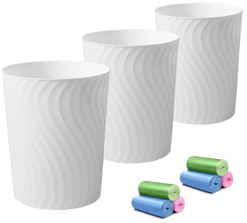 YGJT Lot de 3 Poubelles en Plastique avec 6 Rouleaux de Sacs Poubelle | LCorbeille à Papier 7 L - pour Bureau, Salle de Bain, Cuisine ou Chambre, Format Compact 24,9 x 20 x 16,5 cm Blanc