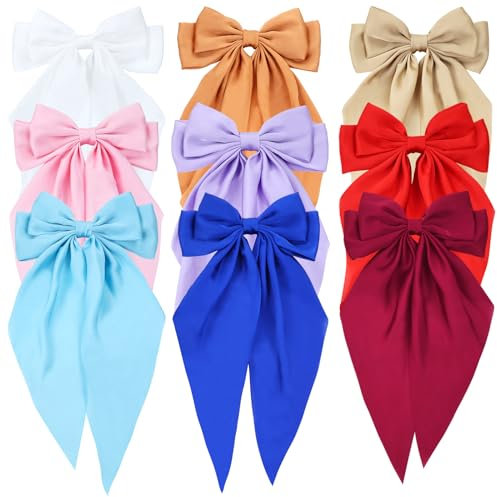 9 Pack Oversized Satin Hair Bows White Pink Red Blue Green Black Hair Accessories Bowknot with Long Tail Ribbon Giant Hair Bow Clips French Barrettes for Women Girls (Set 2 of Women Hair Bows)