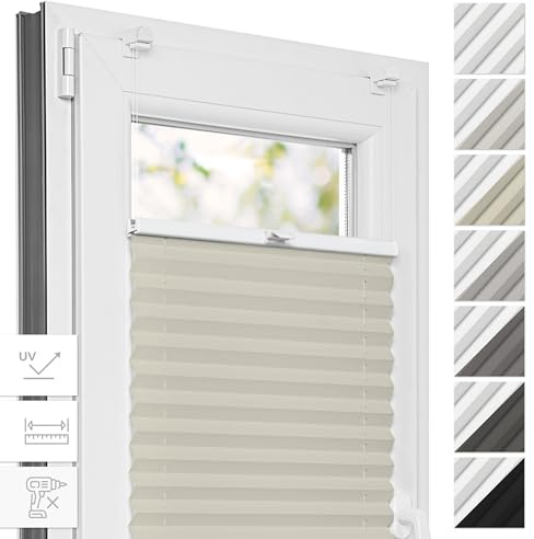 Estika Thermo Plissee ohne Bohren - 80 x 50 cm - Farbe: Cream - Fensterrollos für innen, Plissee Verdunklung, Plissee Blickdicht, Rollos für Fenster ohne Bohren