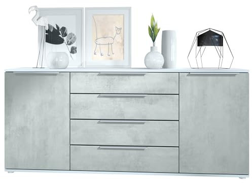 Vladon Sideboard Linio V2 166,5 x 72,5 x 35 cm Anrichte mit 2 Türen und 4 Schubladen, Korpus in Weiß matt, Fronten in Beton Oxid Optik