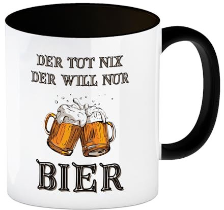 speecheese Bier Kaffeebecher in schwarz mit Spruch Der tut nix der will nur Bier Lustige Bierkrüge zum Trinken Alkohol-Geschenk für Männer Mann Kerl im Männerberuf