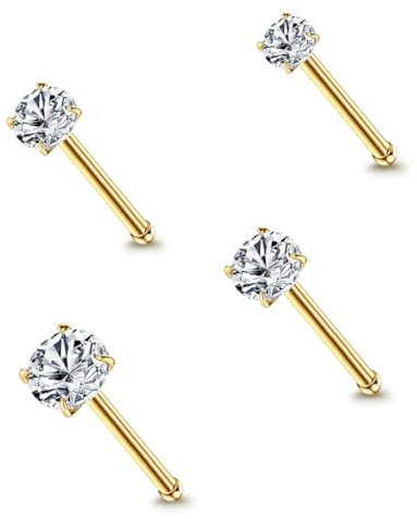YOCDNOV 4 STK Gefüllte Nasenpiercing - Chirurgenstahl Nasenpiercing Stecker Runder Zirkonia Spirale Gerade Gerade Piercing Nase Gold Nostril Piercing Schmuck(Gold)