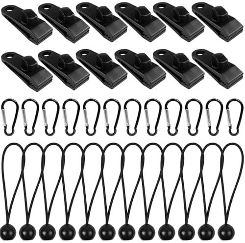 Gentpovth Ensemble de 36 pièces Clip de Bâche Tente, 12pcs Pince pour Bâche Pince Verrouillage, 12pcs Corde elastiche per tenda in nylon, 12pcs Mousqueton, pour Tentes, Couvertures, Auvents, Bannières