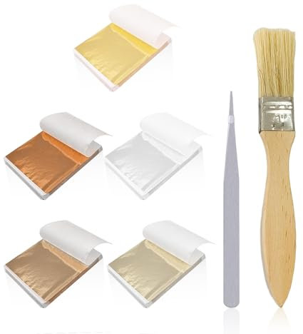 ZBHDEYG Lot de 250 Feuilles de Papier doré, 1 Pinceau, 1 Pince à épiler, décoration de gâteau, kit de Feuille d'or, Accessoires de décoration de Bricolage