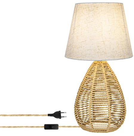 Lampe de table avec prise et interrupteur Lampe de Chevet E14 rétro Abat-jour tissé lampe de bureau Base tressé en rotin de Bohème Lampe de lecture avec câble de 1,5 m pour chambre à coucher salon (1)