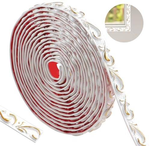 600cm Flexibel Stuckleisten, Wasserdicht Zierleisten 3D Vintage Muster, Wandverkleidung für Heimdekoration (Weiß mit Gold-2cm)