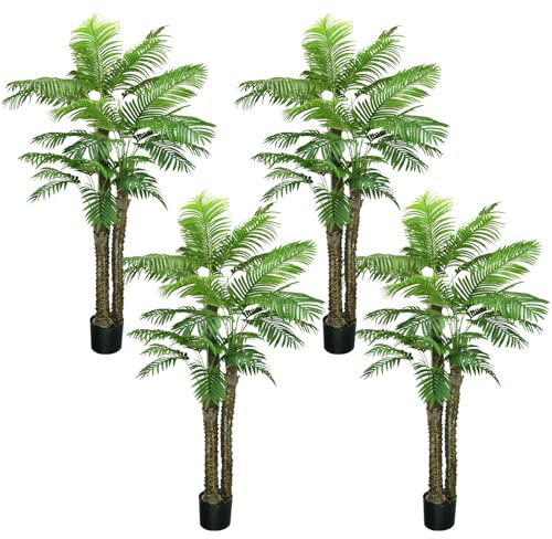 ROOMTEC 8ft Artificial Palm Tree for Outdoors Triple Tropical Phoenix Palm UV Resistant Fake Palm Plants Large Palm Plants for Patio, Poolside, Home Garden,Indoor,Office Perfect Decor (4 Pack)