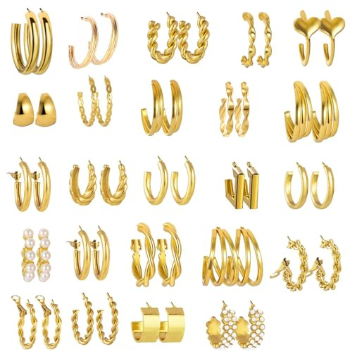 24 Paar Gold Ohrringe Set Damen, Gold Perlen Ohrringe Set für Damen, Gold Creolen Ohrringes Set, Hoop Ohrringe Sets für Frauen, Creolen Ohrringe Multipack, Schmuck für Frauen und Mädchen