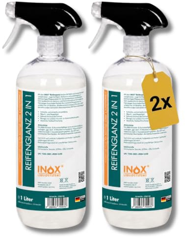 INOX Reifenglanz 2x1L, Kunststoff- & Gummipflege außen, Schwarz | Pflegt und schützt Reifen, Kunststoff und Gummi im Außenbereich. Verleiht tiefes Reifenschwarz und dauerhaften Glanz.