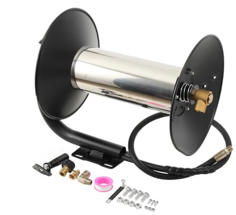 Cozyel Avvolgitubo per idropulitrice 45 m tubo 3/8, manovella manuale ad alta pressione, tubo in acciaio, supporto per tubo in acciaio e parete, HD HDS fino a 350bar