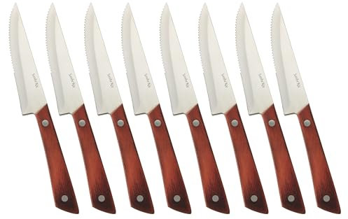SanheKit Steakmesser-Set, Edelstahl mit hohem Kohlenstoffgehalt, polierter Holzgriff, linkes Steakmesser, gezacktes Fleischmesser, scharfe Tafelmesser (rosewood color 8pcs)