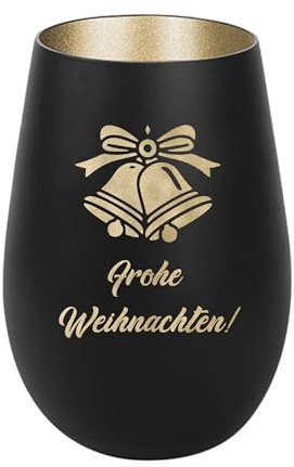 Der-Porzellan-Laden Windlicht mit Gravur Frohe Weihnachten Glocke | Schwarz Gold, Teelichthalter Weihnachten aus Glas, Weihnachtsdeko Tischdeko