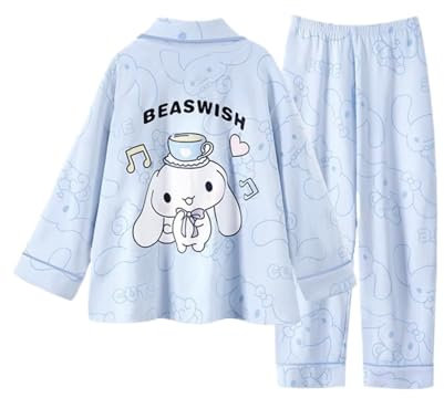 Abbigliamento per la casa Carino per Ragazze Primaverili e Autunnali, Pigiama a Maniche Lunghe Stampato con Cartoni Animati Kawaii per Bambini (Manica Lunga Pantaloni Lunghi),Blu,S
