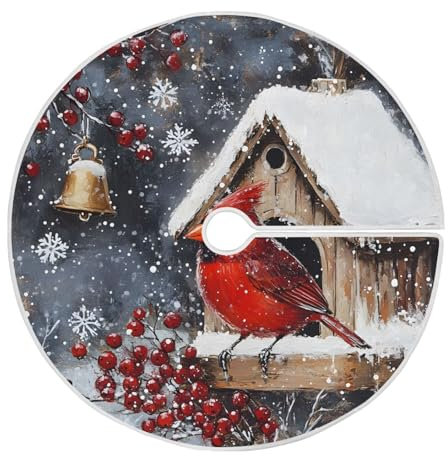Christmas Tree Skirt Cardinal Christmas Birdhouse Large Xmas Tree Skirts Decorative 120 CM Burlap Tree Mat Cover for Holiday Party