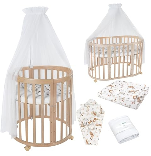 waldin Babybett Oval 7in1, Matratze, Rollen, Regal, Natur | Weiß Tiere, Mitwachsend, Beistellbett aus Holz, Wiege optional
