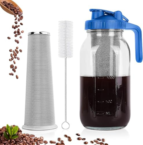 Xummi Cold Brew Coffee Maker, 1,8 l, coperchio con manico e filtro in acciaio inox, caffettiera per caffè e tè preparati a freddo (blu)