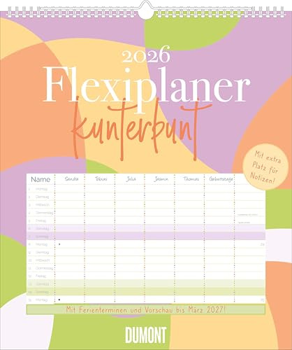 DUMONT - Flexiplaner Kunterbunt 2026 – Familienplaner 35x40 cm – Wandkalender mit 7 Spalten, farbenfrohes Design & Datumsschieber