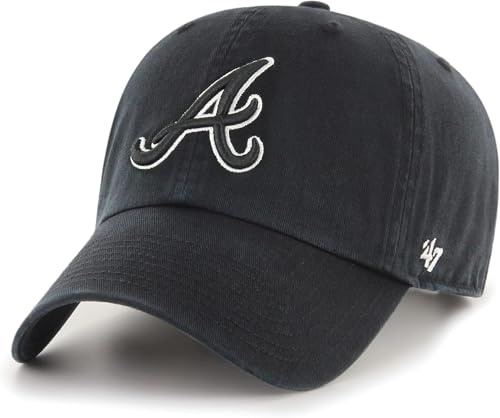 47 Brand MLB Black White Outline Primary Logo Clean Up Adjustable Baseball Cap Hat, Adult One Size Fits All, Atlanta Braves, One size