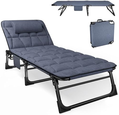 ATORPOK SHOP klappbare Sonnenliege mit 5 Positionen verstellbaren Rückenlehnen, tragbare vielseitige Campingbett-Liegestuhl-Kombination für Garten, Pool, Patio, gepolsterter Matratze & Kissen - Blau