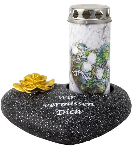 Grabherz mit Kerzenhalter und Goldener Rose, 20 x 18 x 8 cm, Gedenkstein mit Inschrift 'Wir vermissen Dich', Schwarz