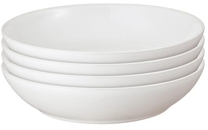 Denby - Cotton White Set of 4 Pasta Bowls - 1050ml Capacity - Dishwasher Safe Ceramic Crockery - Glazed Bowl Set for Dinner & Lunch - Pasta Dishes for Rice, Noodles - Chip & Crack Resistant Stoneware