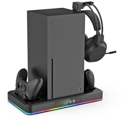Cooling Fan Base with Charging Stand for Xbox Series X/S, RGB Lights & Headphone Hook Accessories (Black)