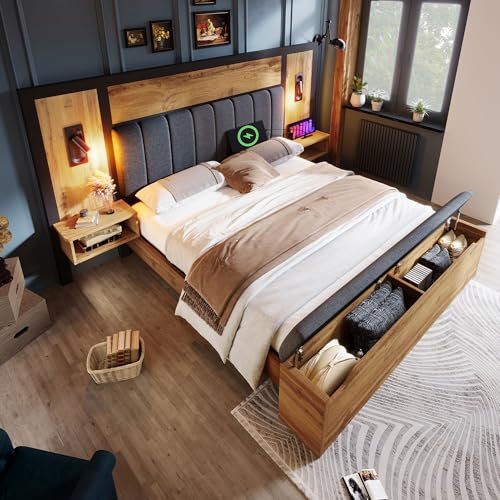 OKYION Doppelbett Massivholzbett 160×200 cm, Polster Kopfteil mit Nachttisch Leselampe und USB C, Stauraumbett mit Sitzbank Stauraum und Lattenrost, Leinen, Eiche, ohne Matratze