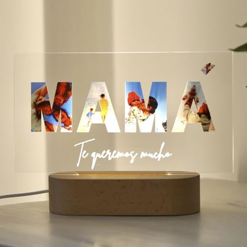 Cristal Plaque Lámparas Personalizadas MAMÁ - Lampara Para Fotos Con 5 Fotos Y Texto - Lámpara Personalizada Mama en Acrílico Con Luz Led Regalo Original Para Cumpleaños o Día de las Madres