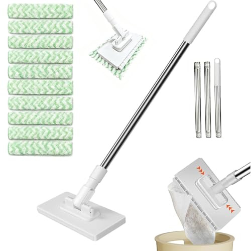 Mocio con Sistema di Bloccaggio a Pressione,Senza Lavarsi le Mani,Cambio a 1 Pulsante,testa girevole a 360 gradi,Lavapavimenti con 10 panni per mocio ufficio e ristorante（Colore della pannola casuale）