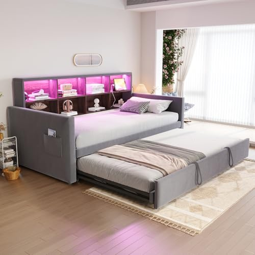 Zravenna Polsterbett Schlafsofa 90/180x190cm mit Ausziehbett, Bett Ausziehbar zum Doppelbett, Kopfteil mit Staufächern, Sofabett Daybed mit Lattenrost, Samt (B-Dunkelgrau, 90cm*190cm)