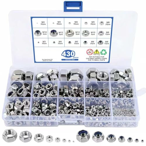 YIYICO Tuerca de Freno Tuercas Autoblocante Tuercas de Bloqueo 430pz | Tuerca hexagonales Acero inoxidable M3 M4 M5 M6 M8 M10 M12 Nylon Contratuercas Plata para Perno Tornillo