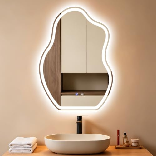 Mursche Asymmetrisch Badspiegel Mit Beleuchtung,50x70cm LED Bad Wandspiegel | Badezimmer Wandspiegel Mit Licht, IP44 50x70 cm Asymmetrischer Organischer Groß Gäste WC Badezimmerspiegel Mit Beleuchtet