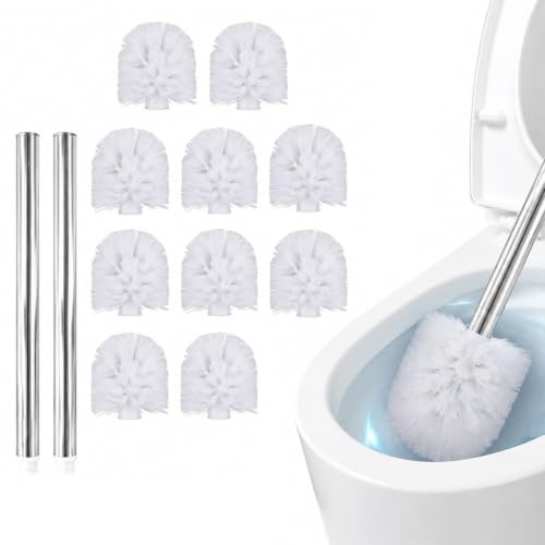 10 Recambios Escobilla WC Blanco 8cm 2 Mangos Acero Inoxidable para Inodoro | Cabeza intercambiable rosca 1,2cm, cerdas PP antiarañazos limpia sarro, no pierde pelos, fácil uso, ideal baño hotel oficina