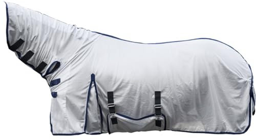HKM 7076 Fliegendecke Lyon mit festem Halsteil, Fliegenschutzdecke Pferdedecke, Silber, 155 cm