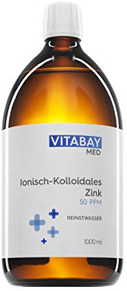 Vitabay Kolloidales Zink 50 PPM • 1000 ml • Hochdosiert • Reinheitsstufe 99,99% • Ohne weitere Zusätze • Abgefüllt in einer Braunglasflasche • Made in Germany