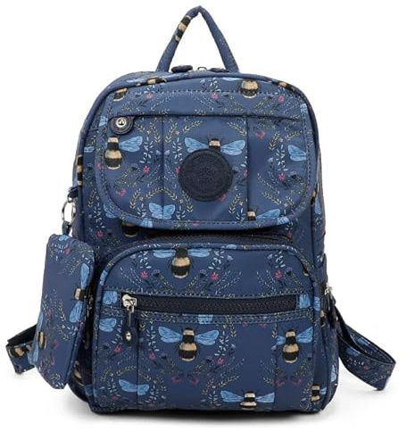 Big Handbag Shop Lightweight Rainproof Travel Backpack for Women & Men - Multi Pocket Small Rucksack with Detachable Pouch & Adjustable Straps - Everyday Flight Bag (Blue Bees)