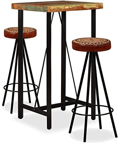 vidaXL Barset 3-TLG. Altholz Massiv Echtleder Canvas Bartisch Stehtisch Hocker