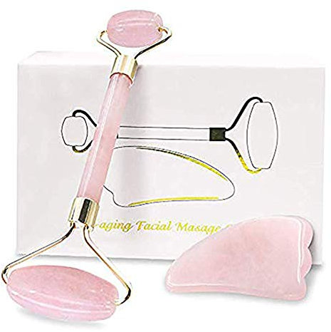 Rose Pink Anti-Aging Facial Quartz Roller, for Face Skin Neck Eye Body Massage,Scraping Massage Tool,For Wrinkles,Puffiness, and Fine Lines Daily Treatment