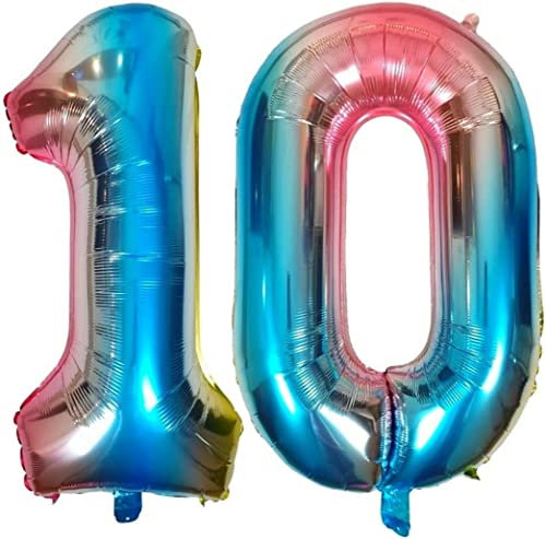 DIWULI Luftballon 10 Geburtstag XL Blau Regenbogen - Folienballon 10, Zahl 10 Ballon 10 Jahre, Geburtstagsdeko 10. Geburtstag Party-Deko Junge Mädchen, Zahlen-Ballon Groß Dekoration, Zahlen-Luftballon
